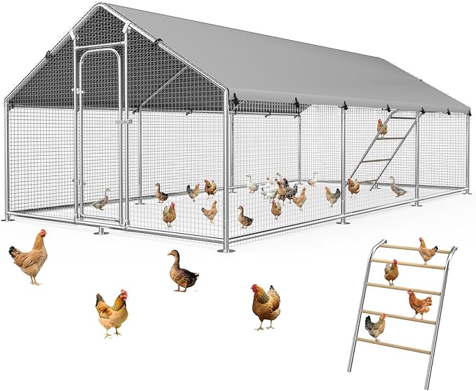 Large Chicken Coop Run with Roosting Perch, Outdoor Poultry Cage with Waterproof & UV-Resistant Cover for Chickens, Ducks, Rabbits in Farm Use, Spire Roof(212.6×106.3×78.4 in)