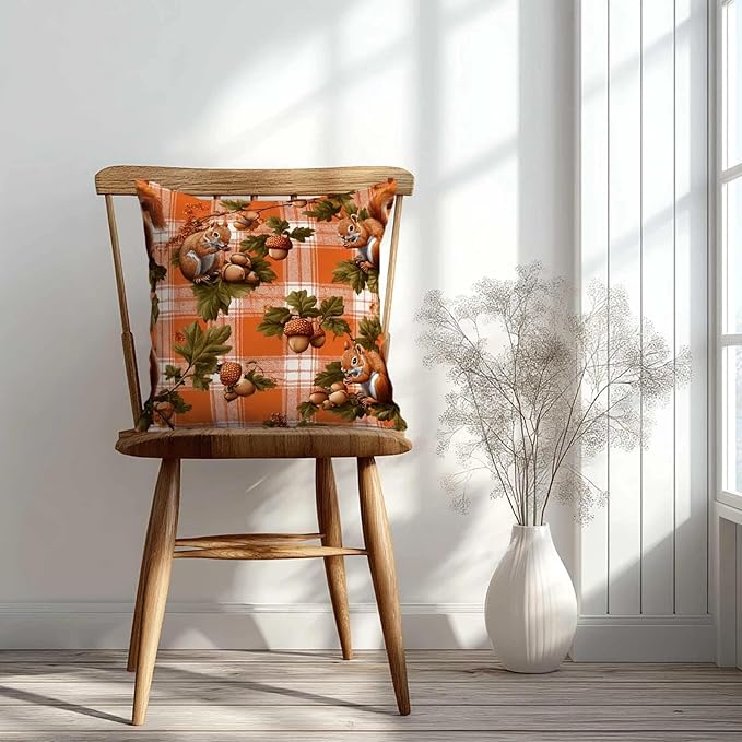 Fall Squirrel Throw Pillow Covers 18x18 Inch, Set of 2 | Autumn Woodland Plaid Square Cushion Cases for Couch Sofa Living Room | Rustic Farmhouse Home Decor, Decorative Pillowcases