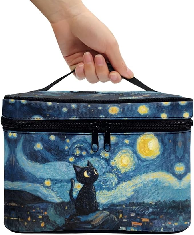Black Cat Starry Night Print Travel Makeup Bags for Women Portable Tote Cosmetic Case with Carry Handle Toiletry Accessories Storage Organizer Bags
