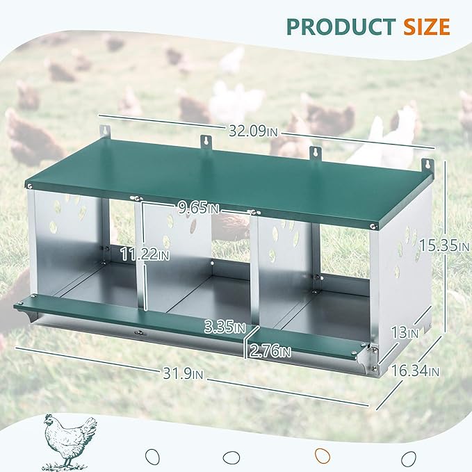 Chicken Nesting Box, 3 Compartment Hens Nest Boxes, Metal Nesting Chicken Laying Box for Outdoor Chicken Coop Cages Farm Yard, Green (3 Holes)