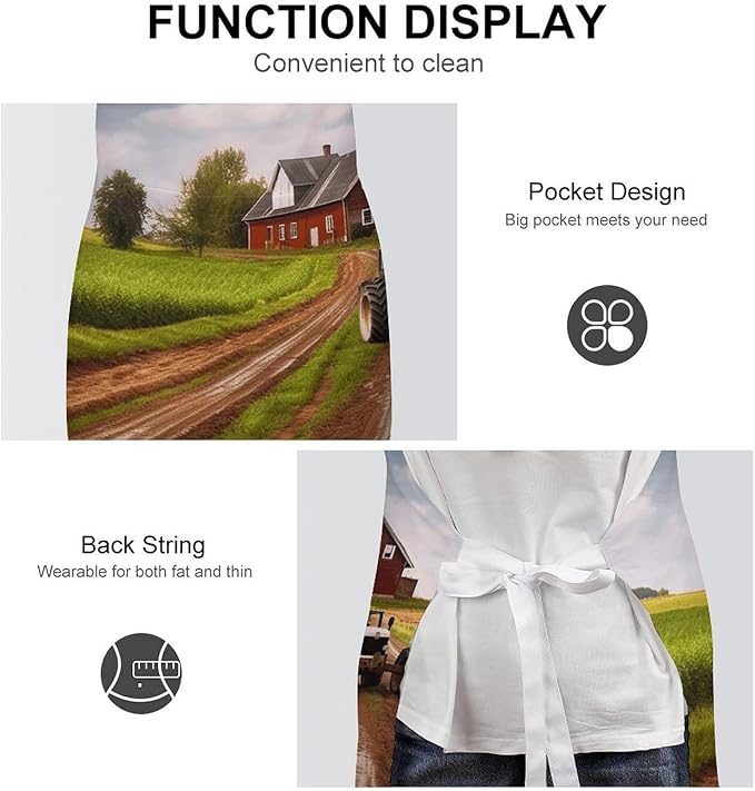 Country Road with Farm And Tractor Chef Apron for Men Women with 2 Pockets Water & Oil Resistant Bib Aprons Adjustable Neck Strap & Long Ties Work Apron for Cooking Grilling Serving Crafts Gardening