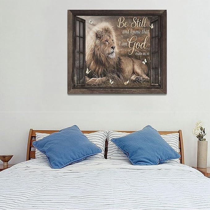 Lion Wall Art Rustic Farmhoues Christian Lion Wall Decor Lion Of Judah Pictures Canvas Prints Artwork Inspirational Psalm Scripture Gifts Home Decorations For Bathroom Kitchen Office Framed 24"x20"