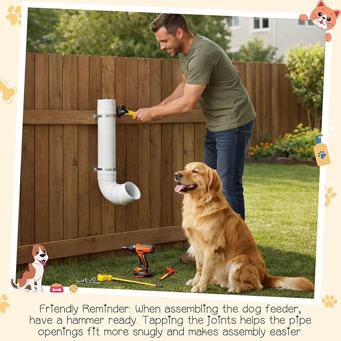 Gravity Dog Self Feeder with Puppy Paw Print Stickers 6 Pounds Large Capacity Hanging Pet Feeding Automatic Dispenser PVC Pipe Feeder for Cat Chicken Turkeys Indoor & Outdoor Use