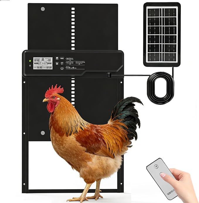 Large Automatic Chicken Coop Door Solar Powered - Aluminum Alloy Auto Chicken Door with Timer, Light Sensor, 4 Modes, LCD Display & Anti-Pinch Tech - for Chickens, Ducks, Geese