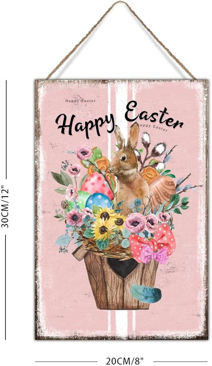 Happy Easter Flower Basket Bunny Wood Decor Sign French Style Floral Pink Stripes Wood Plaque Spring Farmhouse Decor Easter Bunny Wood Sign Plaques for Home Office Porch 8x12in