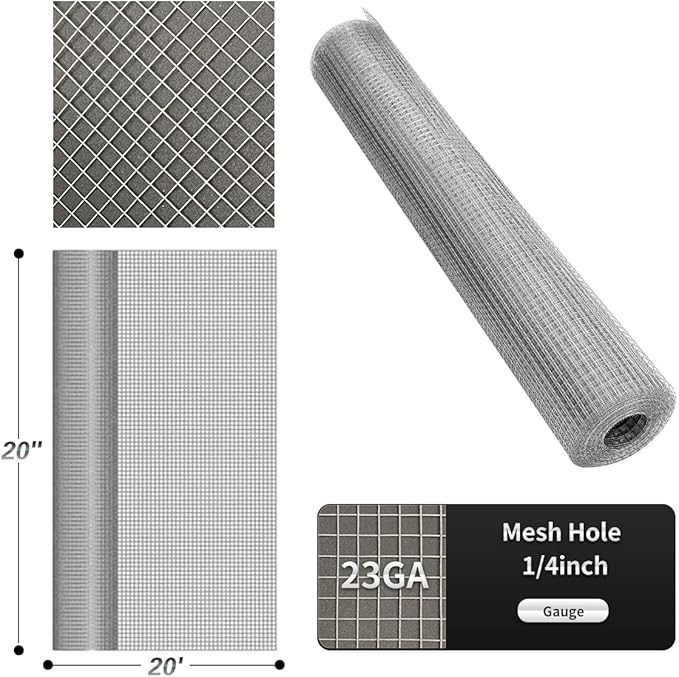 Hardware Cloth 20'' x 20' 1/4 in Galvanized Wire Mesh Roll (23 GA) Chicken Wire Fence Roll for Chicken Pen/coop Fences, Screen mesh, Rabbit/Snake Fences, Poultry enclosures, Handicraft Making, etc.