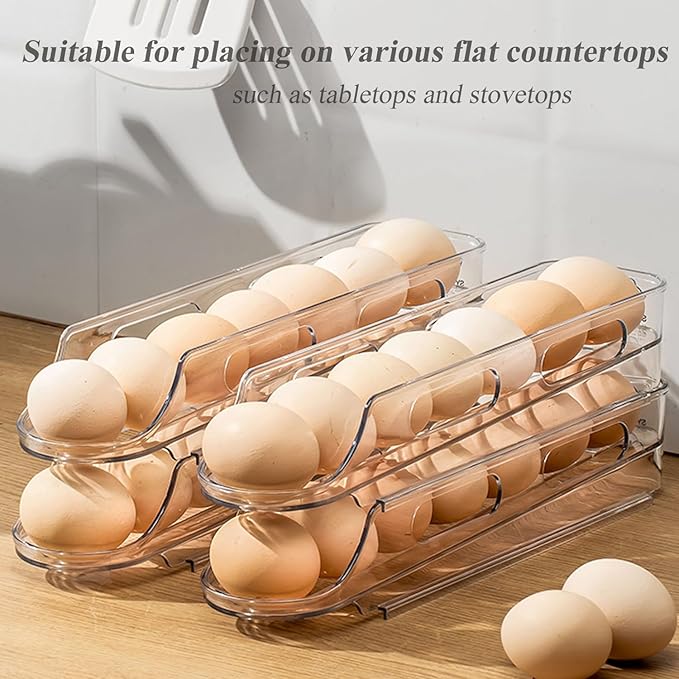 Automatic Rolling Egg Holder for Fridge Clear Countertop Kitchen Storager Container Organizer Dispenser for Refrigerator Stackable Removable, Egg Accessories - (2 pcs of 1-Tire, Stackable)