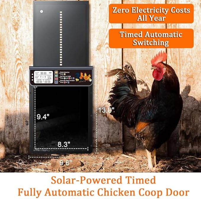 Automatic Chicken Coop Door Solar Powered, Automatic Chicken Door with Timer & Light Sensor Mix 4modes, Aluminum Alloy Chicken Coops Doors, Remote Control Solar Chicken Coop Door