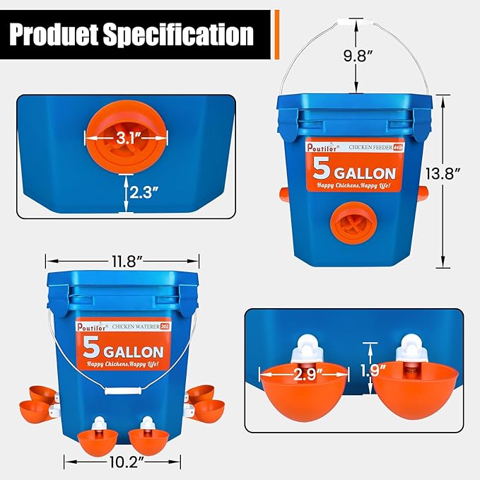 Chick Feeder and Waterer Set Bucket, Automatic Chicken Waterer 5 Gallon, No Waste Poultry Feeding System, Hanging Chicken Feeder Kit with Cups and Ports, Chicken Coop Accessories, 44Pound