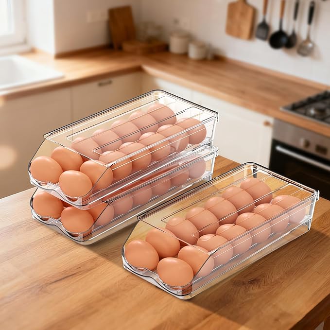 Egg Holder for Fridge,Automatic Rolling Egg Container for Refrigerator,Clear Stackable Egg Organizer with Removable Lid for Fridge Organizers and Storage,2 pack