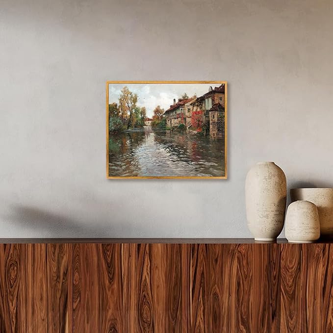 Vintage Farmhouse Framed Picture Nature Scenery Painting European Village Artwork River Village Wall Art French Landscape Canvas Colorful Farmhouse Pictures English Country Wall Art 8x10inch Framed