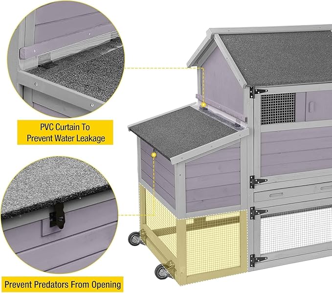 Aivituvin Chicken Coop for 2-3 Chickens with Wheels and 2 Nesting Box, Mobile Hen Duck House Expandable, Outdoor Wooden Poultry Cage, 77" L x 33.3" W x 46.5" H (Grey)