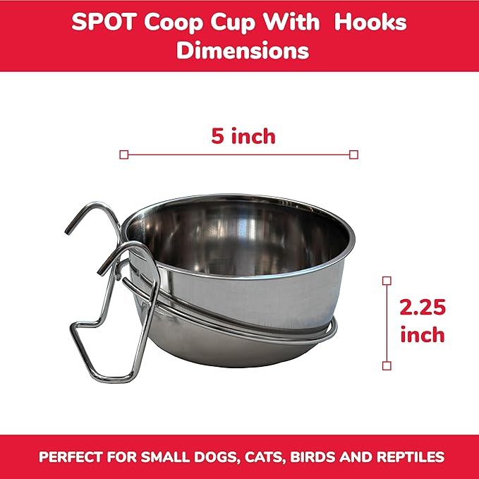 SPOT Stainless Steel Coop Cup with Wire Hooks – Durable, Chew-Resistant Food/Water Bowl for Cages & Crates, Easy Install & Removable, for Cats, Dogs, Birds & Reptiles - 20 Oz (2.5 Cups)