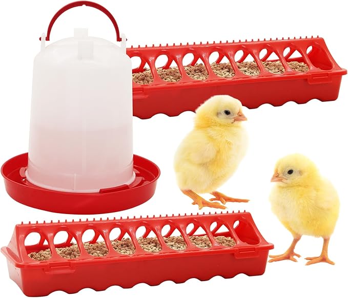 Chicken Feeder and Chicken Waterer Kit Set Automatic Chicken Hanging Poultry Waterer 3L kit-Flip Top Chick Feeder with 16 Feeding Hole