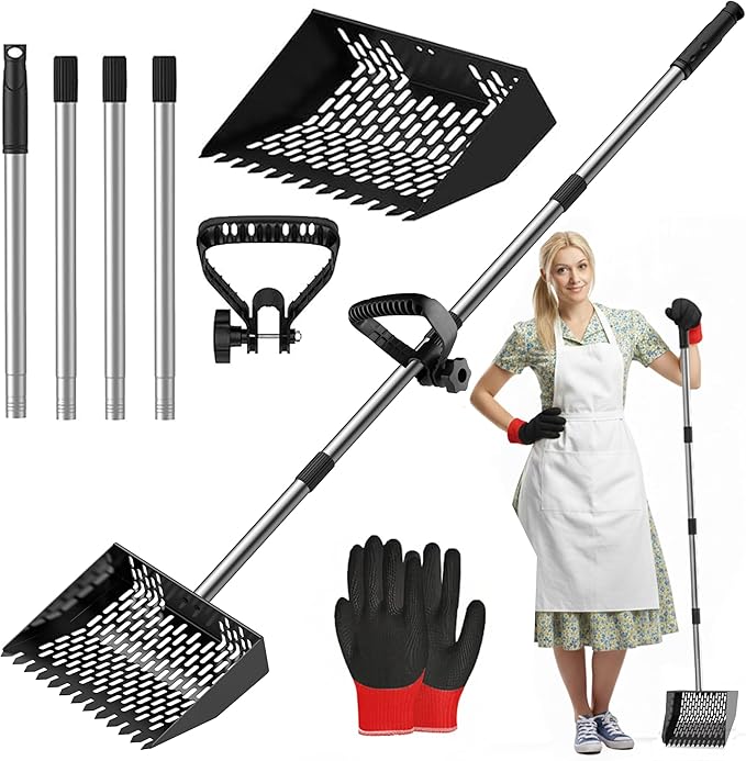 2-in-1 Chicken Poop Scooper, Rake with Grip & Gloves Adjustable 35–62” Stainless Steel Chicken Coop Scoop, Heavy-Duty Metal Cat Litter Scoop, 10" Sifting Shovel for Pet Waste Cleaning