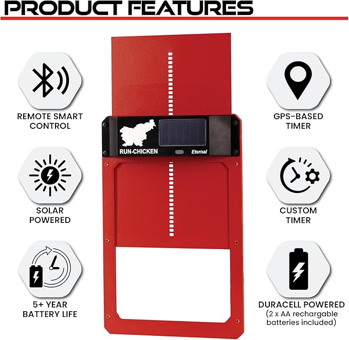 RUN-CHICKEN Door Eternal – Solar Automatic Chicken Coop Door with Built-in Solar Power & Battery Backup, Smart App & Timer Control, Weatherproof Aluminum, Predator-Proof, Easy to Install (Red)