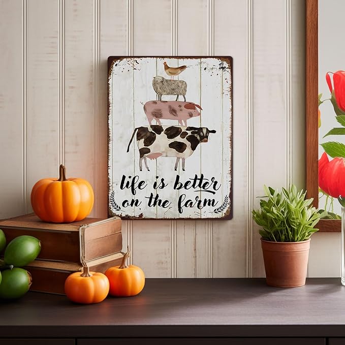 Rustic Farm Animals Metal Sign Vintage Style Life is Better on the Farm Wall Decor for Farmhouse Gift 12x8 Inches