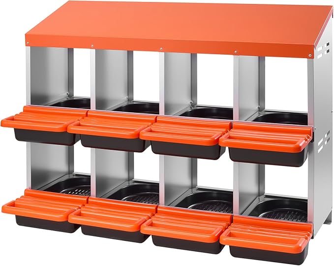 VEVOR 2 Tiers Chicken Nesting Boxes, 8 Compartments, Metal Egg Laying Boxes with Protective Collection Lids, Roll Out Nesting Box, Easy to Assemble, Ideal for Hens, Ducks, Chickens, and Other Poultry
