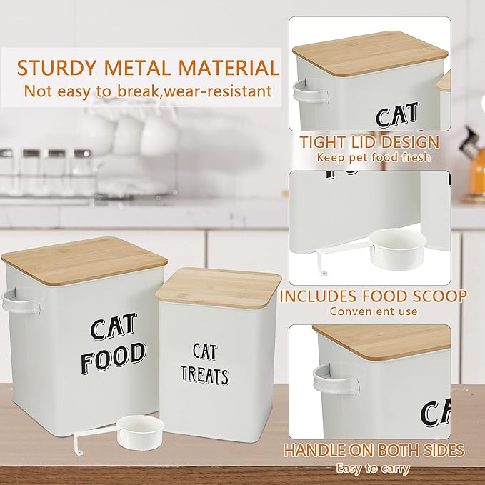 Pethiy Cat Food and Treats Containers Set with Scoop for Cats or Dogs -Tight Fitting Wood Lids - Coated Carbon Steel - Storage Canister Tins-Cat-White