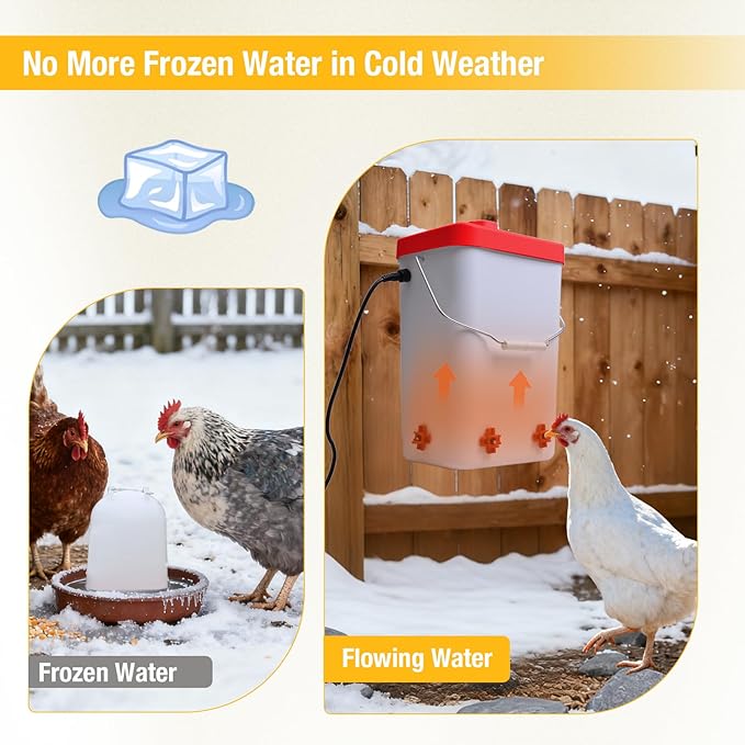 Heated Chicken Waterer 3 Gallon Poultry Water Heater with 4 Nipples Freeze Proof Chick Waterer Heater for Winter Chicken Turkey Pigeon Goose