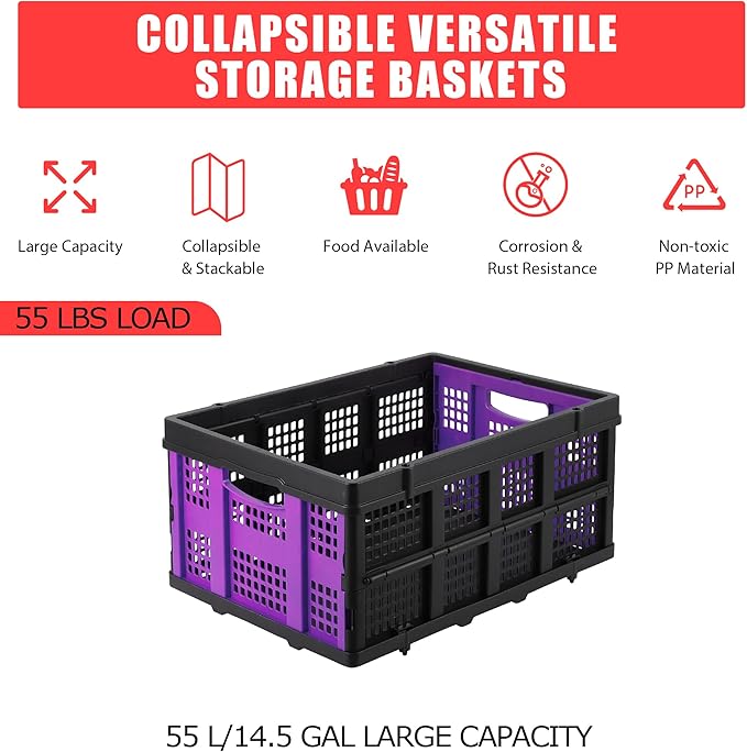 14.5 Gallon Purple Collapsible Milk Crate, Heavy-Duty Plastic Storage Container with Handles, 55 LBS Load Capacity Stackable Folding Bin for Home Office Farm Garage Basement.