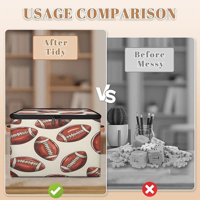 Storage Cubes with Lid Fabric Storage Bins Boxes PU Leather Handles, Rugby Football Closet Organizer Container Foldable Washable Shelf Cloth Basket, Rugby Balls Sport