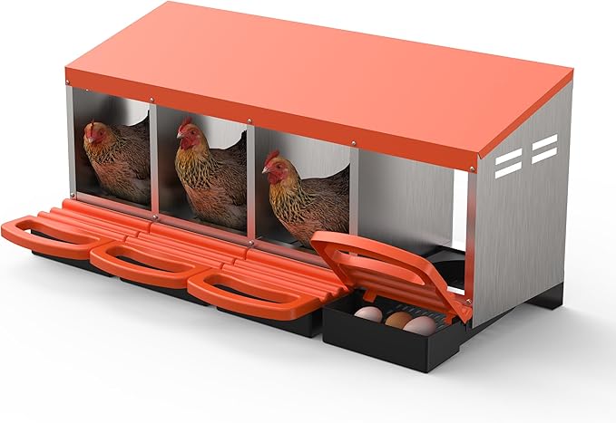 Chicken Nesting Box 4 Hole, Galvanized Steel Nest with Roll Away Egg Collection & Swing Perch, Easy-Clean Laying Box for Hens, Heavy Duty Design for Chicken Coop