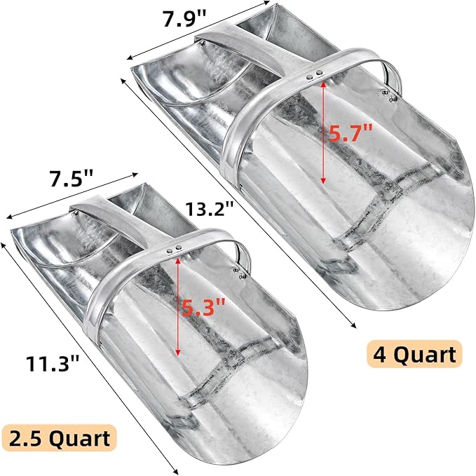 2 Pack Feed Scoop for Livestock, Metal Feed Grain Scoop, Heavy Duty Horse Feed Scoops with Encased Handle, Stackable Durable Poultry Feed Scoops for Chicken Bird Gardening Farm, 2.5 Qt and 4 Qt