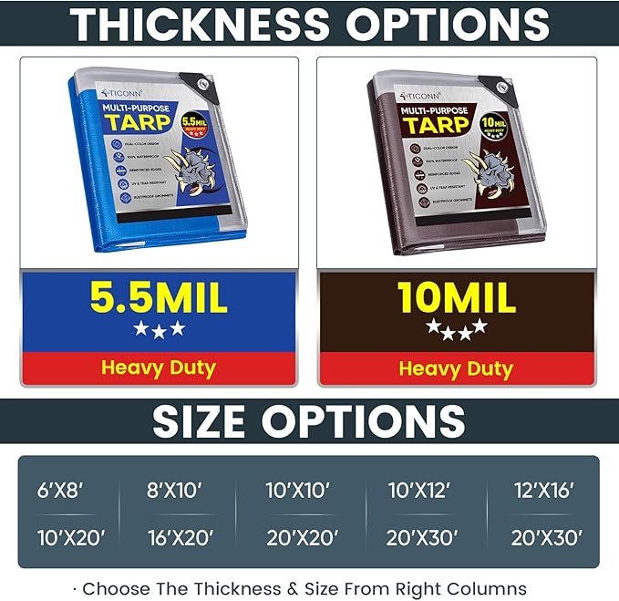 TICONN Heavy Duty Tarp Cover, Extra Thick Tarps Waterproof Tear and Rip Proof UV Resistant Tarpaulin with Reinforced Grommets and Edges (10 Mil, 10'×20')