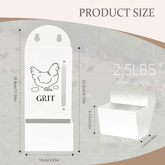 Chicken Grit and Oyster Shell Feeder, Poultry Feeder with Visual Window, No-Mess Weatherproof, Metal Hanging Gravity Chicken Feeder, Chicken Coop Accessories (Oyster-White)