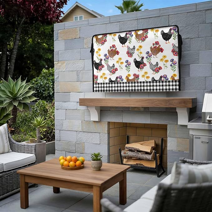 Waterproof Outdoor TV Cover 70 to 75 Inch, Farm Chicken Flower Outside Flat Screen Televisions Weatherproof Cover Size 68"L x 42"H, White Black Plaid TV Protector With Zipper