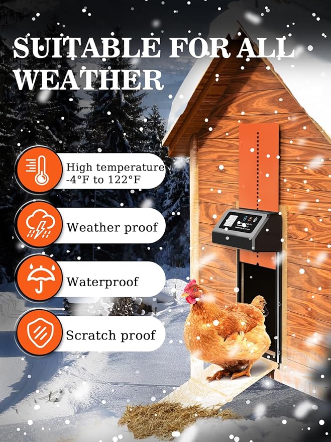 Automatic Chicken Coop Door, Aluminum Automatic Chicken Door with Anti-Pinch Feature, Timer and LCD Display (Black-Orange)