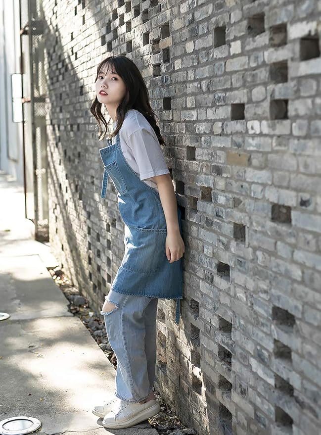 Cotton Denim Apron Soft - Unisex Adjustable Bib Apron with 5-Pockets Perfect for Kitchens