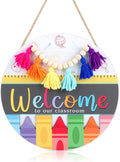 CHDITB Classroom Welcome Wooden Sign, Welcome to Our Classroom Front Door Sign Wood Hanging Plaque, Crayon Round Wood Wreaths, Back to School Wall Decor for Teacher Supplies Nursery Decor