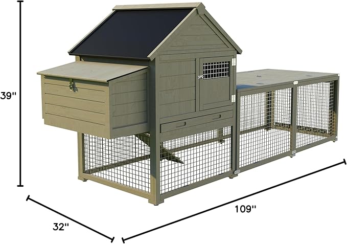 Chicken Coop, Wooden Chicken Coop for 3-5 Chickens, 109in Outdoor Coop with Run, Waterproof Roof, Nesting Box, Pull Out Trays and Ramp, Brown