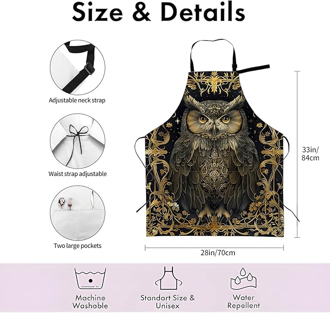 Elegant Owl Apron,Adjustable Waterproof Oxford Fabric Kitchen Apron with 2 Pockets for Men and Women, Cooking, Baking, BBQ, Coffee Shop, Housewarming Gifts, 28x33 Inches