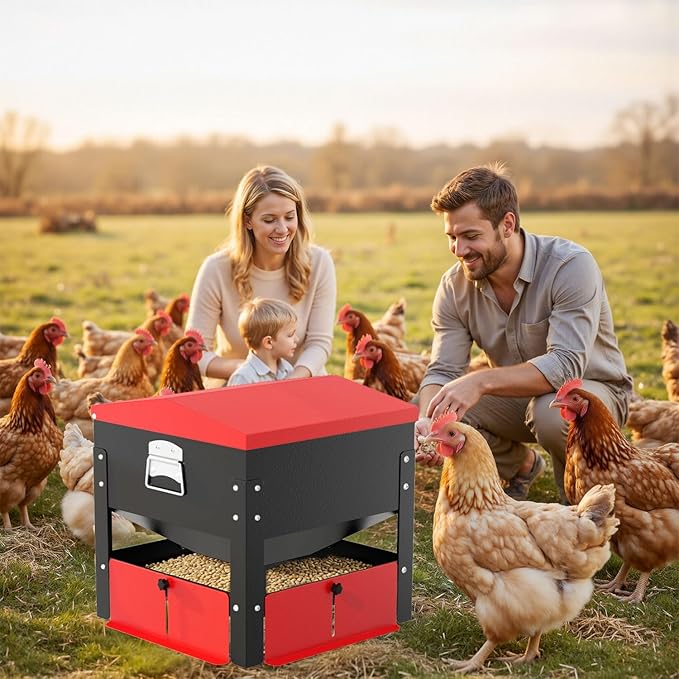80lb Automatic Metal Chicken Feeder,Heavy Duty Portable Gravity Chicken Feeder Box with Weatherproof Lid, No Waste Predator-Proof Poultry Feeder with Lockable Access Door for Ducks, Geese