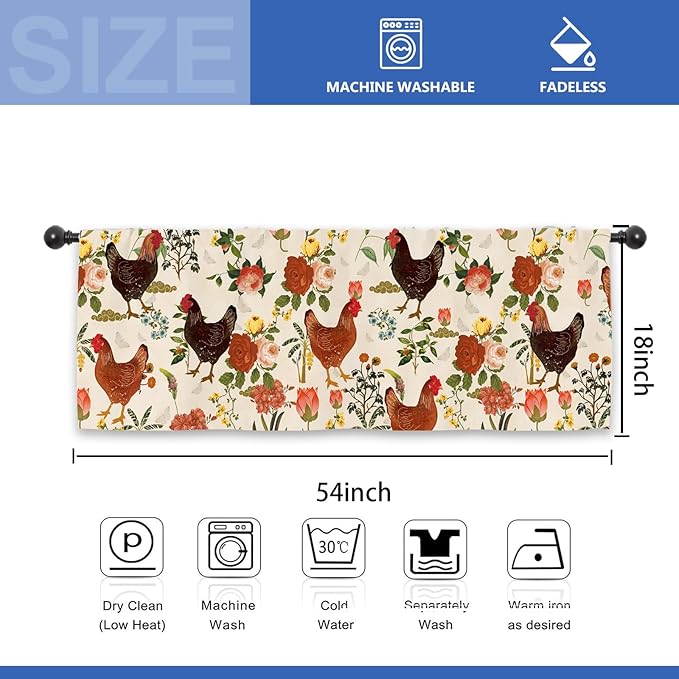 Rooster Chicken Flower Kitchen Curtain Valance 54W x 18L Inch Farmhouse Rustic Vintage Peony Country Rural Rod Pocket Short Cafe Small Window Treatment Drapes Decor