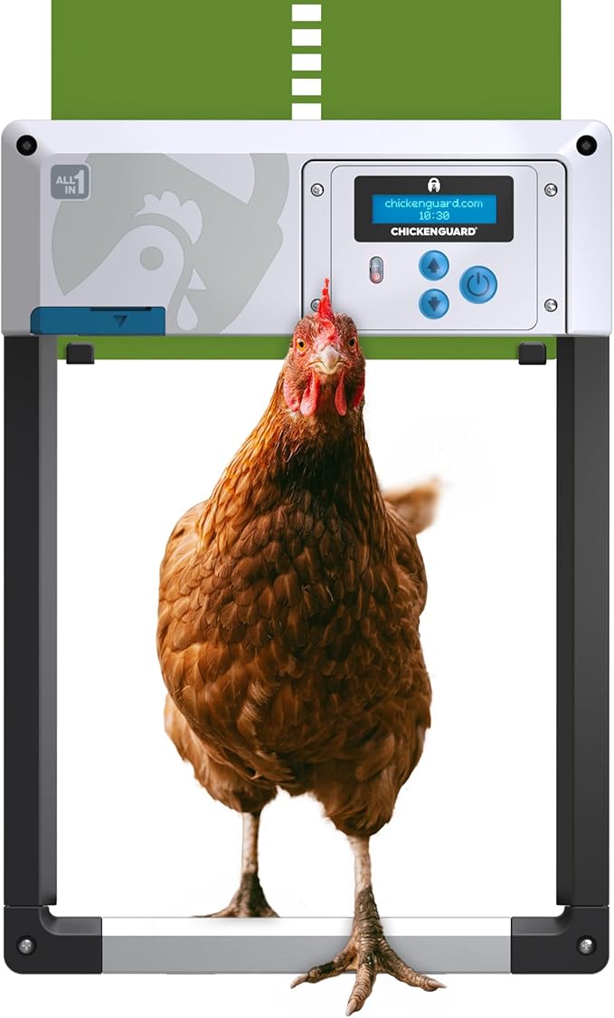 Automatic Chicken Coop Door Opener, ChickenGuard One in All 4 Colours, Timer/Light Sensing, Winter Mode, Auto-Stop & Predator Proof, 3 Power Options, Solar, Battery or Electric (Green + Batteries)
