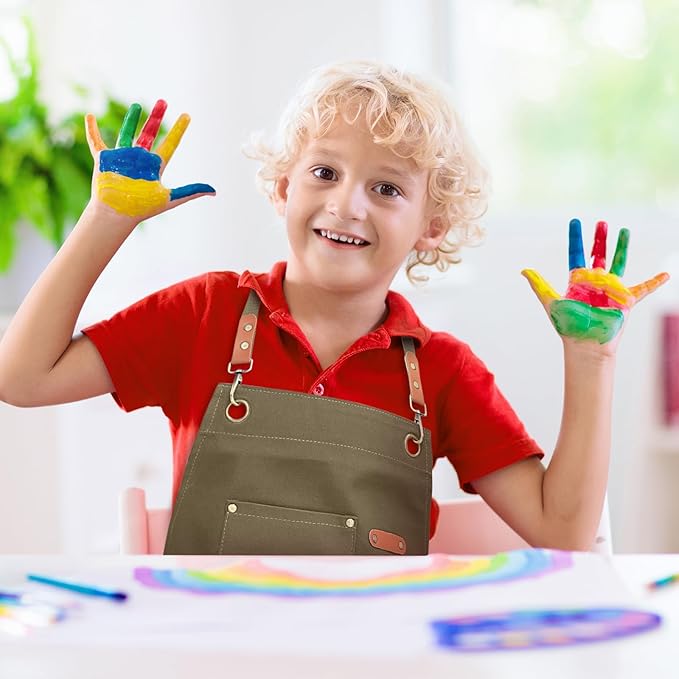 Unisex Aprons with Large Pockets,Cotton Canvas Cross Back Heavy Duty Adjustable Work Apron,Size Kids to Adult