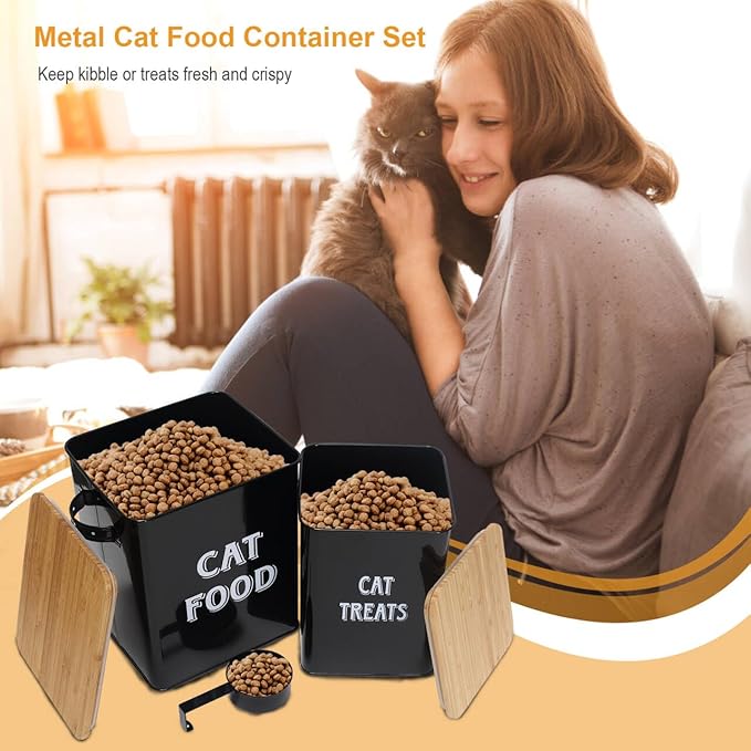Pethiy Cat Food and Treats Containers Set with Scoop for Cats or Dogs -Tight Fitting Wood Lids - Coated Carbon Steel - Storage Canister Tins-Cat-Black