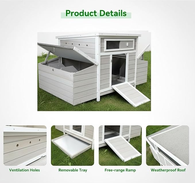 Large Wooden Chicken Coop Outdoor Hen House with 2 Sides Nesting Boxes No-Slip Ramp & Pull-Out Tray, Poultry Hutch for Backyard, Easy-Clean,Weatherproof Cage for Duck Chick(57.87" x 33.86" x 30.55")