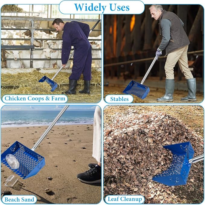 Heavy Duty Chicken Coop Rake and Scoop, 15 Inch Extra Large Chicken Coop Rake with Adjustable Stainless Steel Handle (25 to 73 Inch)，Metal Multi-Use Cleaning Shovel for Coops, Beach（Blue）