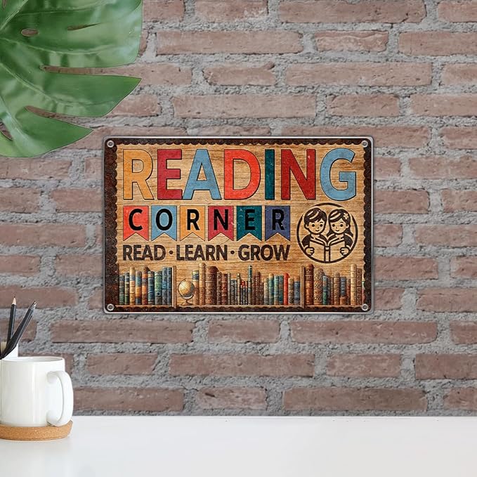 Vintage Metal Reading Corner Sign Learn Grow Book Lover Wall Art 12 x 8 Inch Educational Decor For Home Library Classroom And Kids Space Metal Kitchen