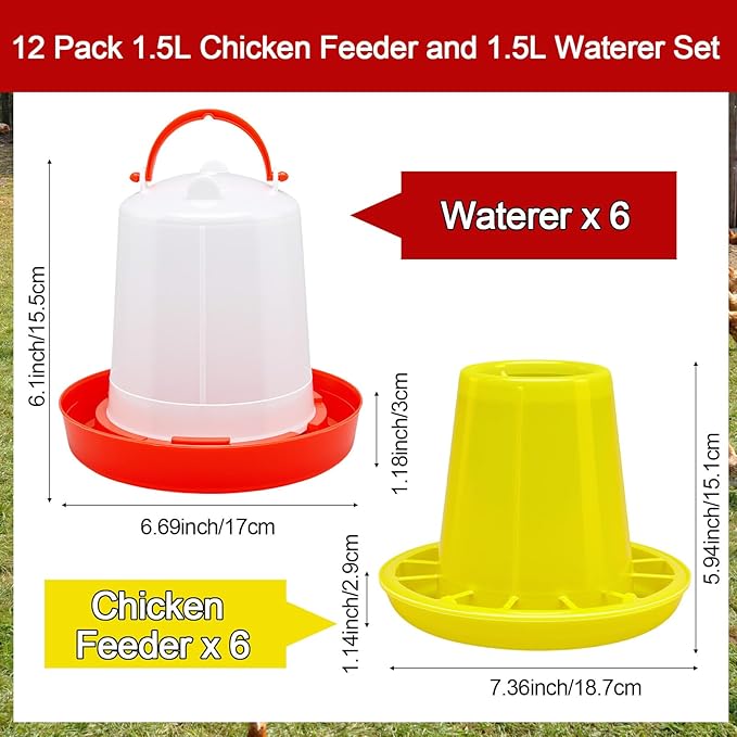 12 Pack Small Chicken Feeder and 1.5L Baby Chicken Waterer Set Bulk Chick Feeder Chick Drinker for Poultry Ducks Goose Quail Pigeons(Combination)