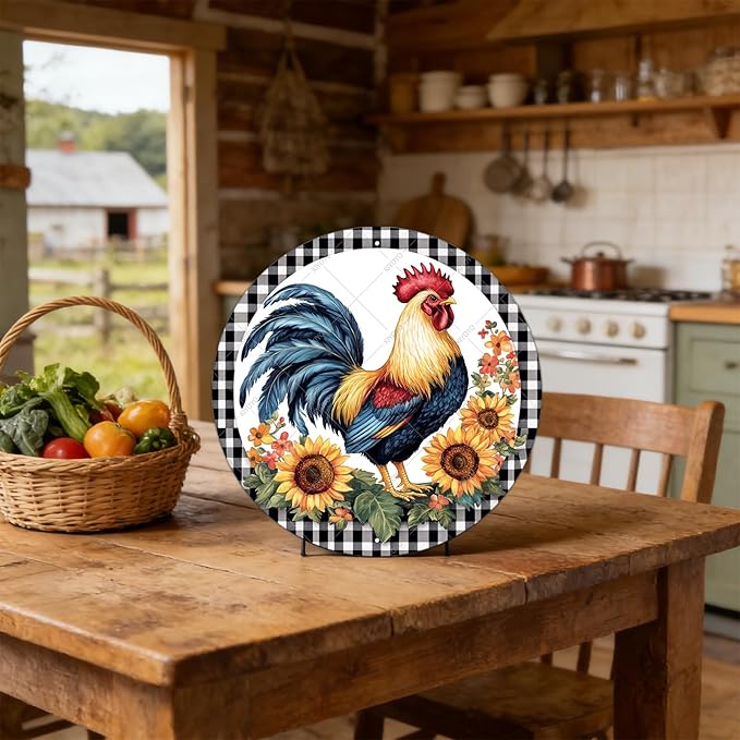 Round Metal Tin Sign Rustic Wall Decor Plaque Rooster Chicken Farm Animal Wreath Sign,Suitable for Home Garden Kitchen Bar Cafe Restaurant Garage Wall Decor Retro Vintage 8 Inch