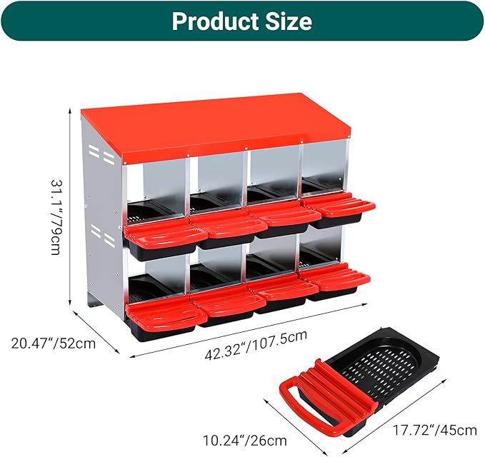 GarveeHome 2-Tier Chicken Nesting Box, 8 Compartment Metal Chicken Laying Boxes with Waterproof Roof ＆ Removable Trays for Hens, Poultry，Easy Egg Collection