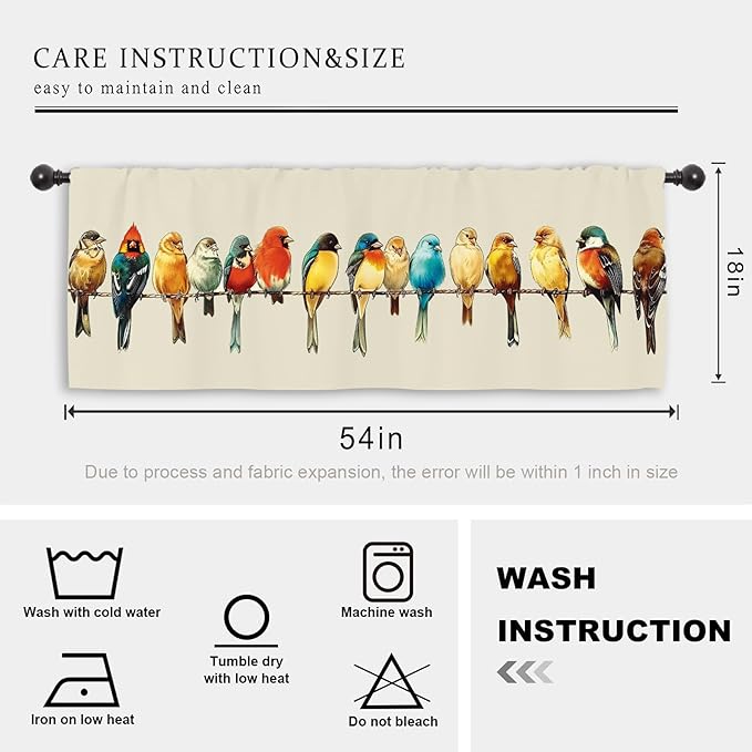 Miyotaa Birds Kitchen Curtain Valance 54W x 18H Rod Pocket Vintage Retro Colorful Window Treatment for Living Room Bedroom Bathroom