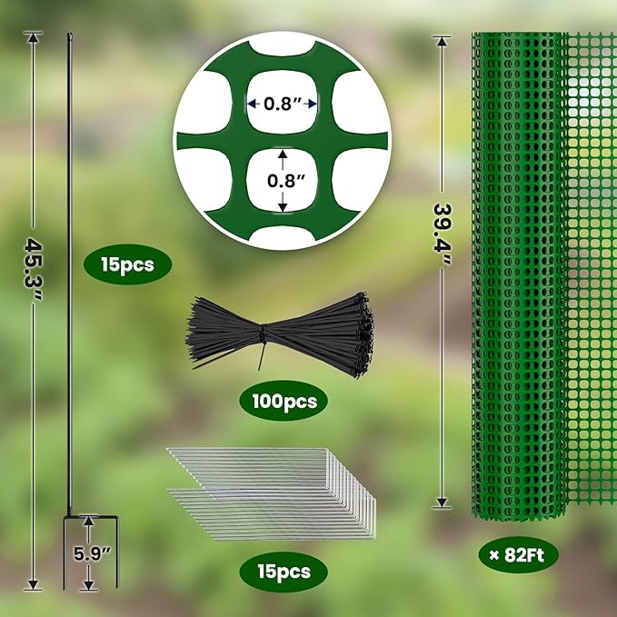 DoCred Plastic Fence with Stakes, 39.4in x 82ft Portable Poultry Fencing Net Mesh for Chickens & Dog, Temporary Gardening Fence Pet Barrier for Backyards, Vegetable Gardens, Lawn & Outdoor Decoration