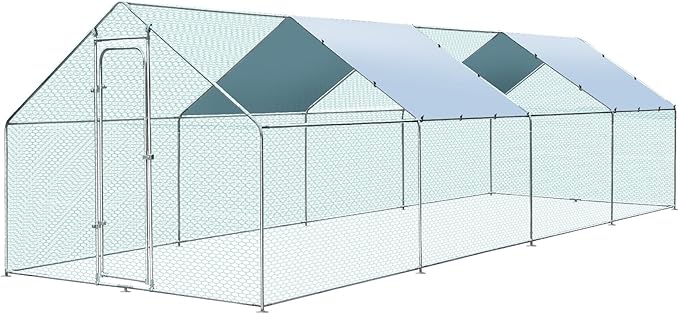 Large Metal Chicken Coop for 40-45 Chickens, Walk-in Chicken Run, Chicken Pen Outdoor W/Cover, Waterproof & Anti-UV, 26.3' D x 9.8' W x 6.4' H, Wire Mesh Poultry Cage for Yard #LYJL08JD-US